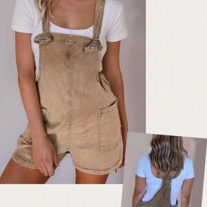 NWT Zenana Washed Knot Strap Denim Romper Camel Color